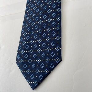 Fendi Cravatte Silk Tie Navy Blue with Light Blue Fendi Logo Yellow Dots